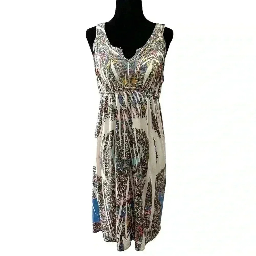 One World Boho Babydoll Dress Flowy Sleeveless Mini Cream Blue Paisley Medium